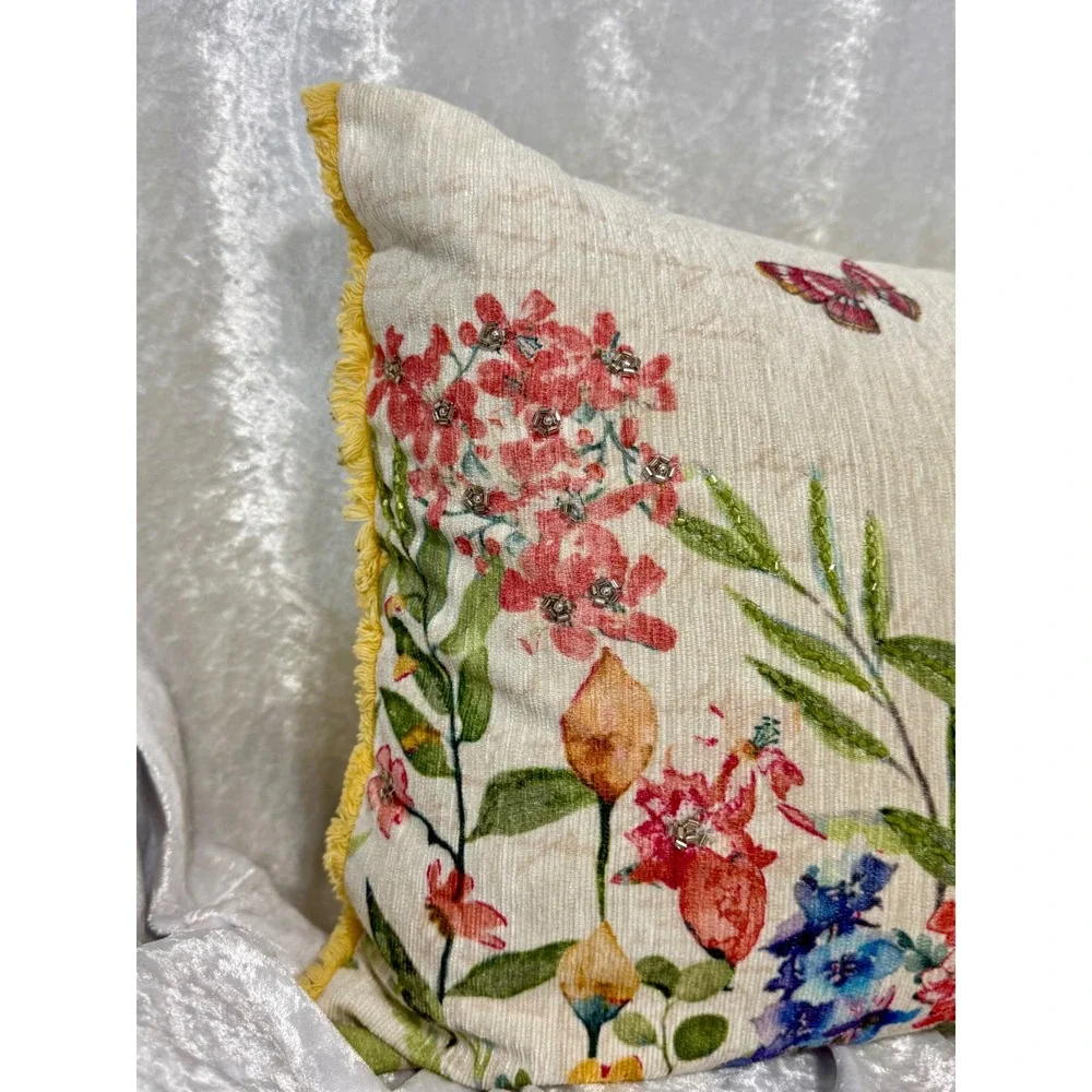 Primrose Vintage Floral Butterfly Beaded Fringed Throw Pillow Yellow Multicolor